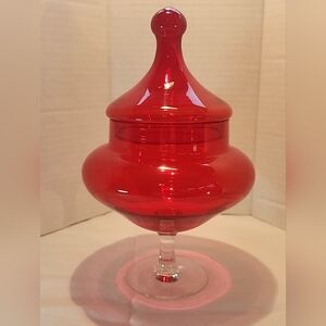 Vintage Empoli Apothecary Candy Jar Red Circus Tent Lid Handblown MCM 9.75”
